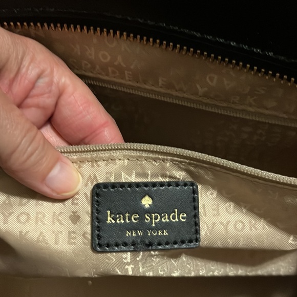 KATE SPADE Black Leather White Woven Patterned Silver Tone Hardware Tote Handbag - Picture 7 of 12